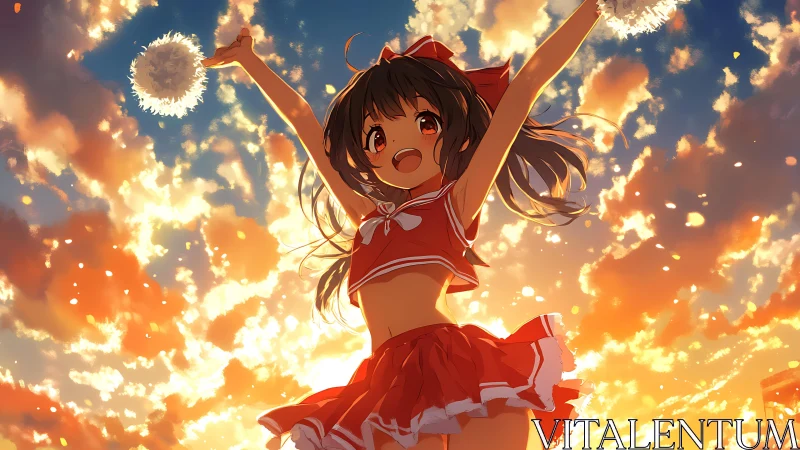 Cheerleader silhouette under vivid sunset cloudscape sky.