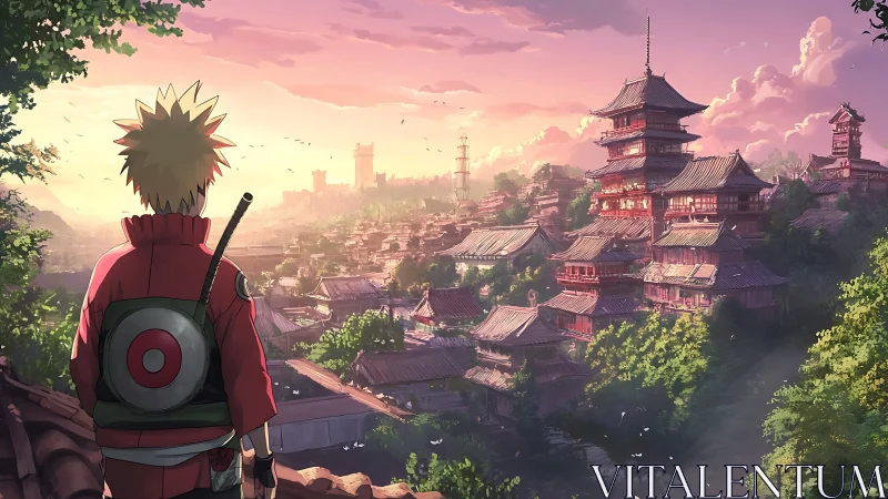 Anime swordsman overlooking sunlit Japanese hill town.