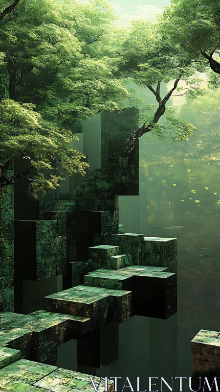 Emerald stone platforms rise beneath luminous forest canopies.