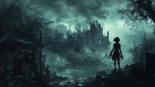 Silhouetted wanderer surveys ruined gothic citadel at dusk.