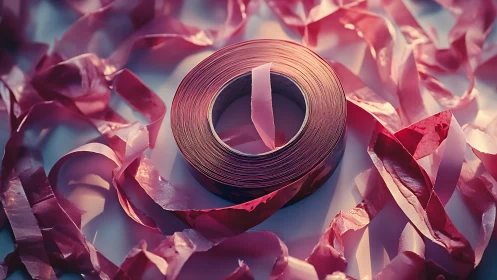 Pink ribbon spool with dispersed silk petals in luminous light