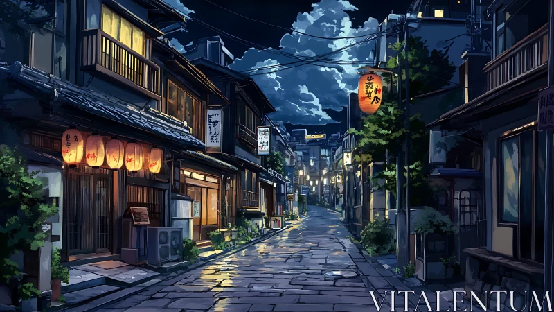 Quiet lantern lit street gently glows under a calm night sky