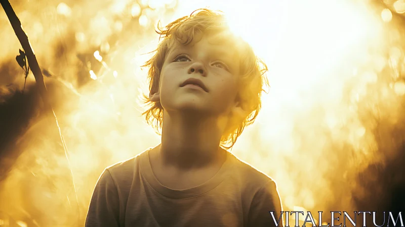Soft golden sunlight surrounds a daydreaming child outdoors.