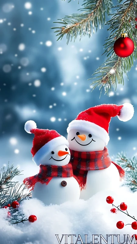 Smiling snowmen share cozy cheer in a sparkling snowfall