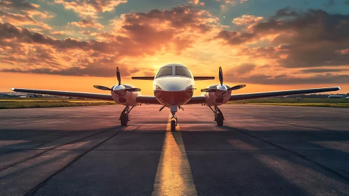 Twin‑engine propeller aircraft aligned on runway under dynamic sunset