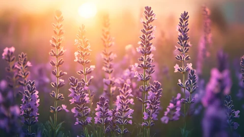 Purple Lupine Field Bathed Golden Hour Sunlight.