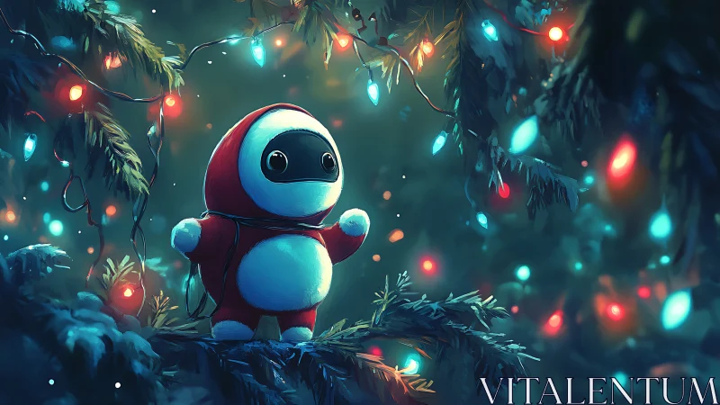 Red-hooded robot among glowing winter forest lights.