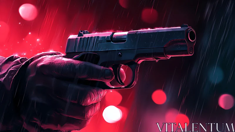 Neon lit handgun aims through rain in cinematic tension