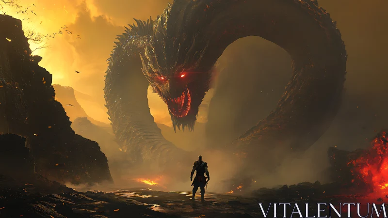 Armored figure facing serpentine lava creature in wasteland.