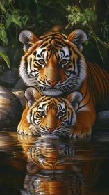 Bengal Tiger Mother and Cub in Water.