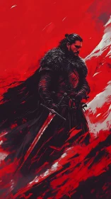 Warrior in raven furs amid crimson abstract battlefield.