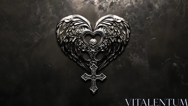 Baroque metallic winged heart and cross on textured ground.