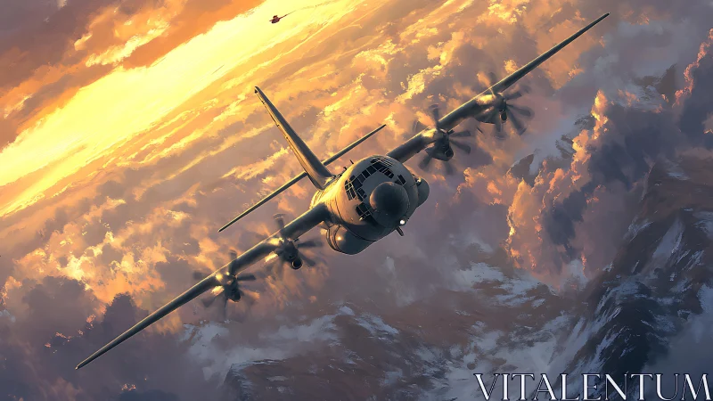 Storm-brushed gunship carves firelit paths through dusk clouds.