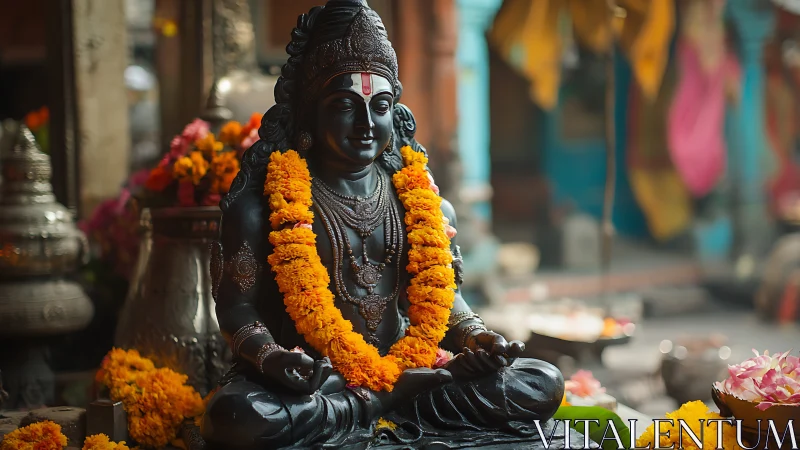 Black stone deity statue with marigold garlands in shrine.
