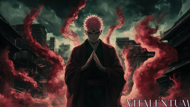 Crimson shaman amid stormlit city, summoning cursed flames.