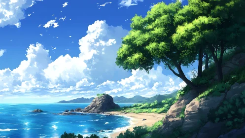 Coastal Landscape with Verdant Canopy: Digital Environmental Illustration.