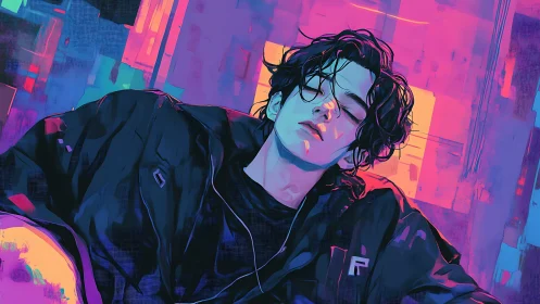 Neon city hush cradles a dreaming loner in violet haze