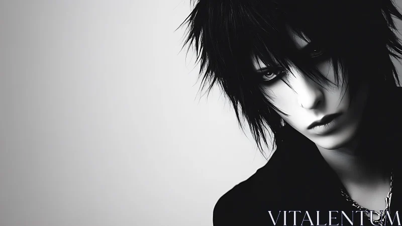 Monochrome stylized portrait of black haired person.