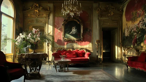 Opulent baroque salon with red velvet sofas and gilded walls.