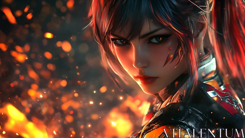 Fierce cyber heroine glowing with ember bright confidence.