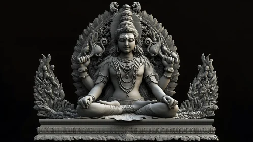 High-detail 3D render of seated Hindu deity sculpture in meditation