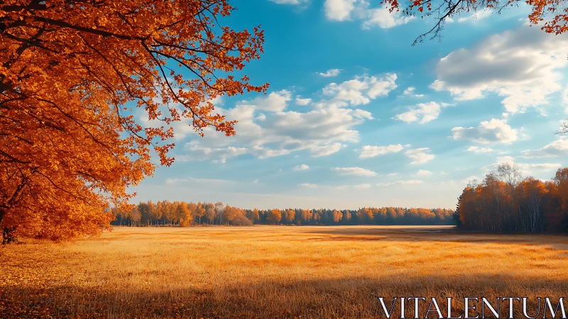 Autumn meadow under stratocumulus sky with saturated warm foliage