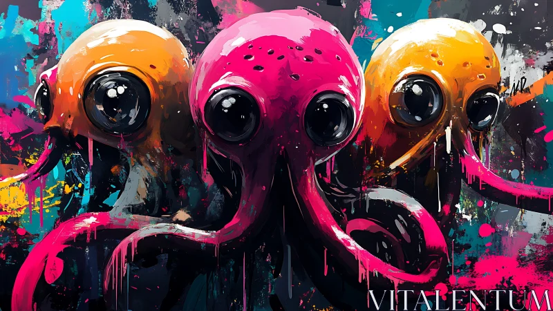 Neon cephalopod trio rendered in expressive street-art style