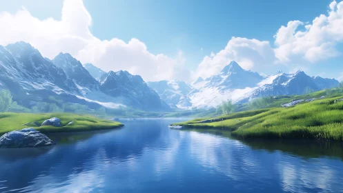 Digital painting of alpine river valley with snowcapped peaks.