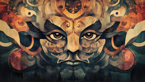Surreal ornate mask face merges swirling abstract forms.