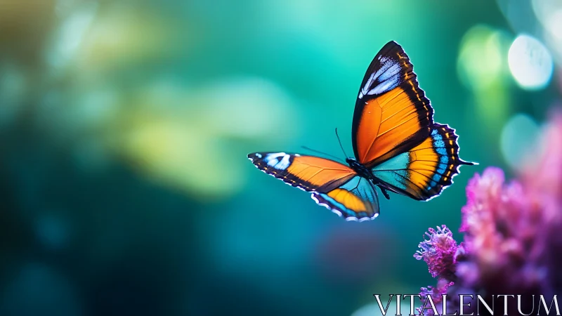 Butterfly hovers above pink flowers against blurred teal background