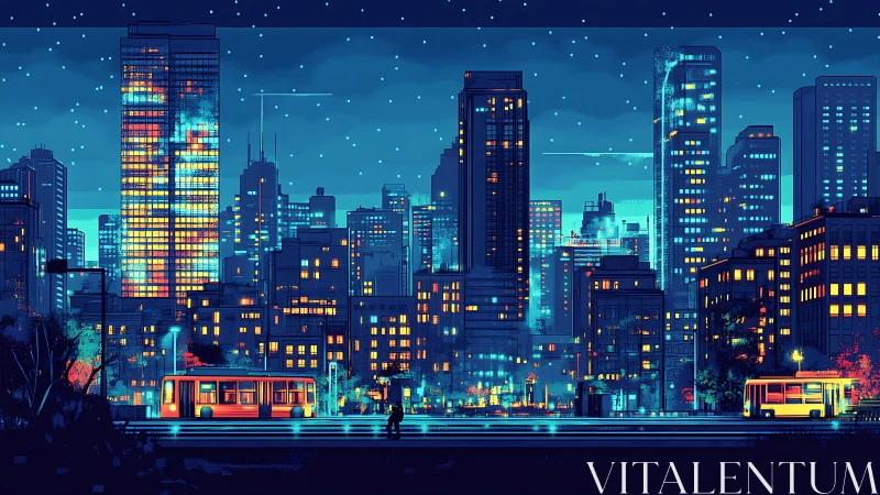 Neon-lit city skyline glows under a tranquil starry night.