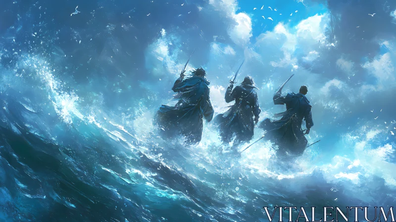 Storm-walking swordsmen advance across a raging ocean sky.