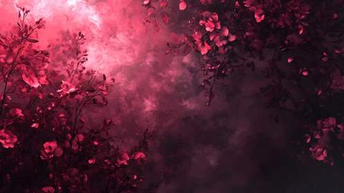 Crimson Blooms Drift Through Shadowed Velvet Mist