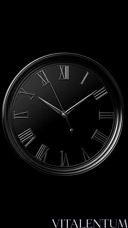 Black analog wall clock with metallic Roman numeral markers