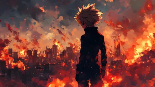 Lone spiky‑haired figure watching a city in flames at dusk.
