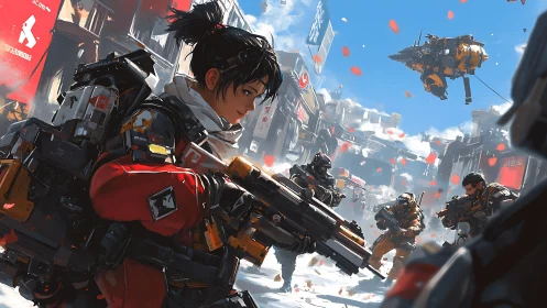 Futuristic urban squad advances under drifting red petals.
