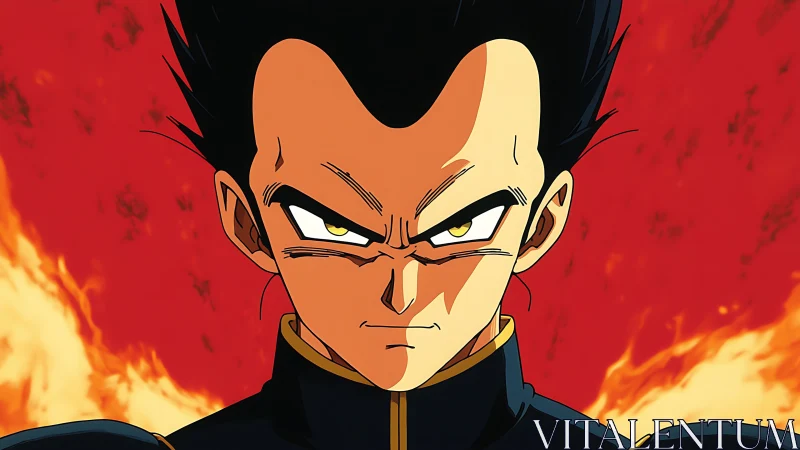 Intense anime warrior close-up with fiery red inferno backdrop