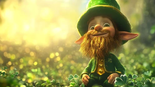 Smiling forest leprechaun in glowing clover field sunshine.