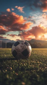Low-angle sunset view isolates worn soccer ball on pitch