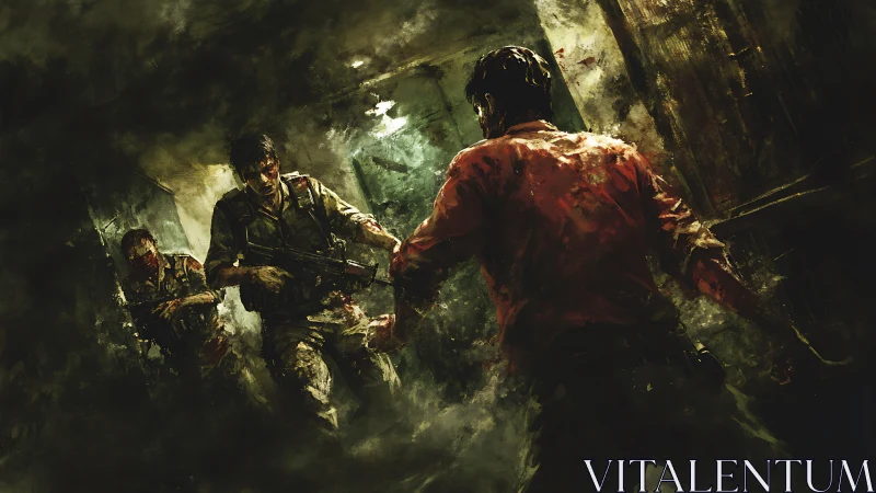 Armed survivor confronts infected soldiers in ruined corridor