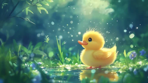 Sunlit duckling daydream in a sparkling forest pool.