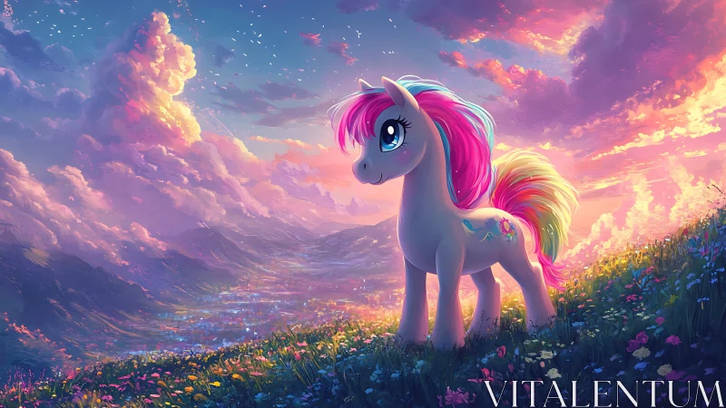 Colorful cartoon pony on bright sunset valley hilltop.