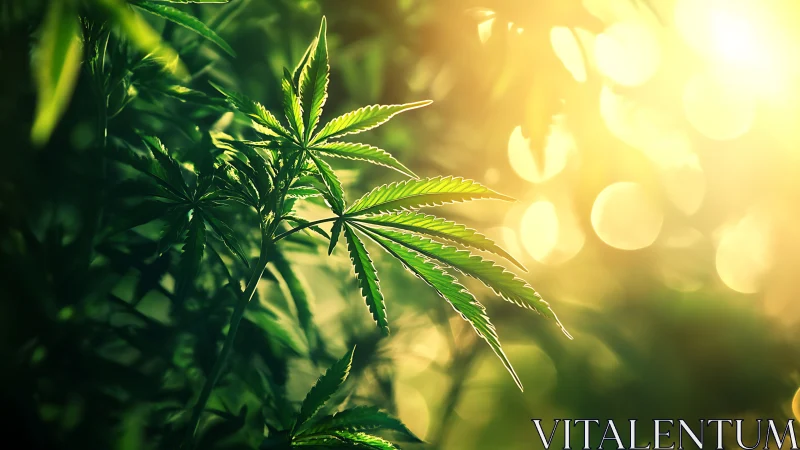 Sunlit Cannabis Plant in Nature with Vibrant Green Foliage.