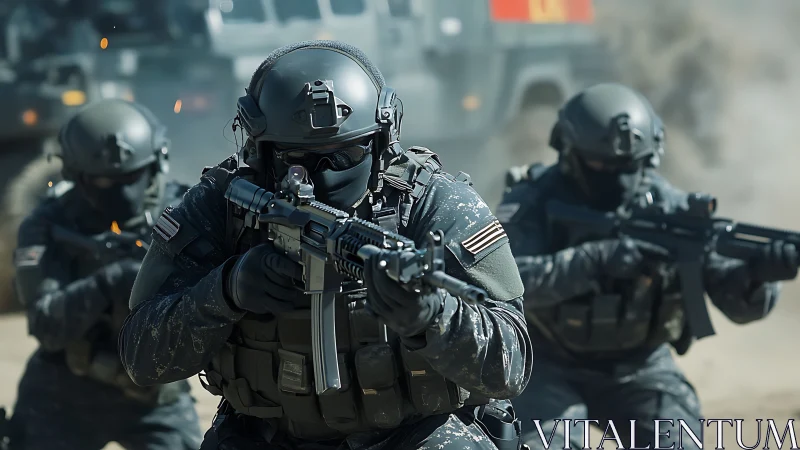 Special operations soldiers advance through dusty combat zone.