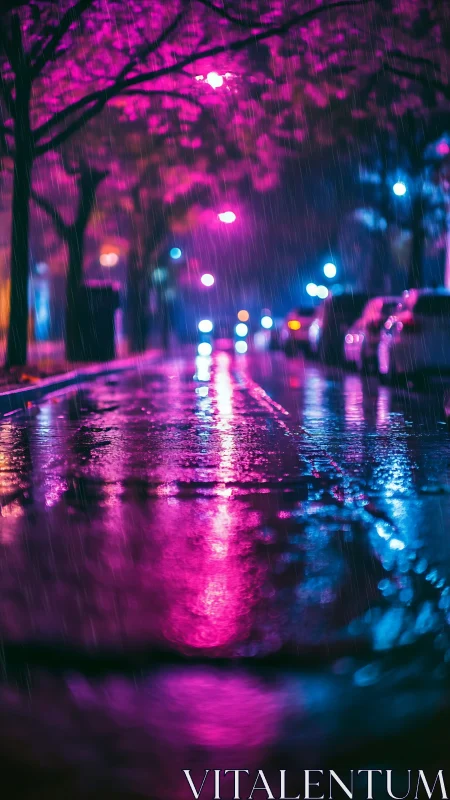 Neon rainstreet shimmers under magenta trees at midnight.