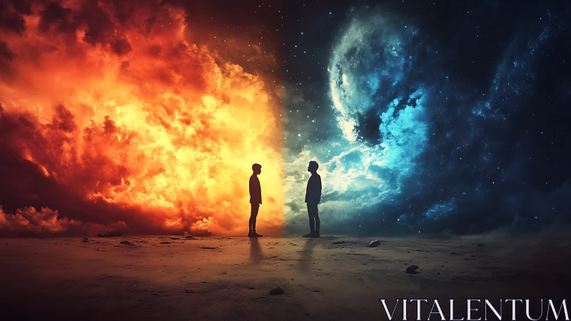 Twin silhouettes dividing blazing fire and cosmic night.