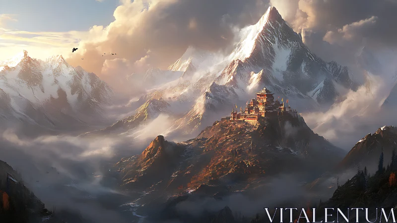 Sunlit mountain citadel nestles bold against storm-bred clouds