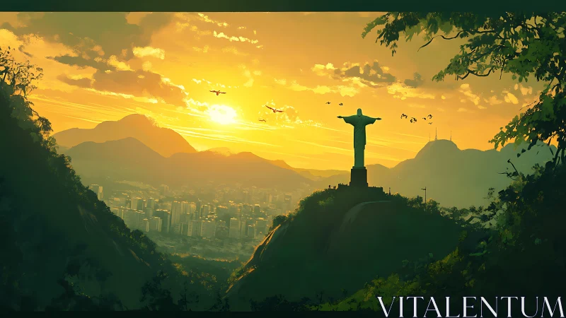 Christ statue overlooks cityscape at golden hour sunset