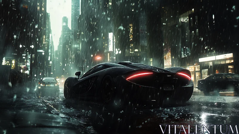 Rear view of sports car on wet city street under rainfall.