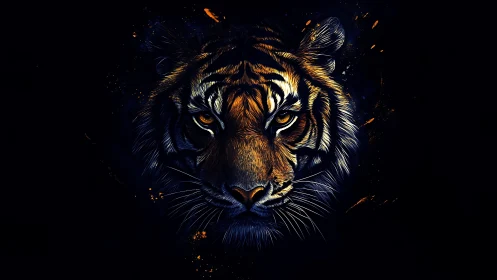 Tiger head illustration on dark background with vivid contrast.